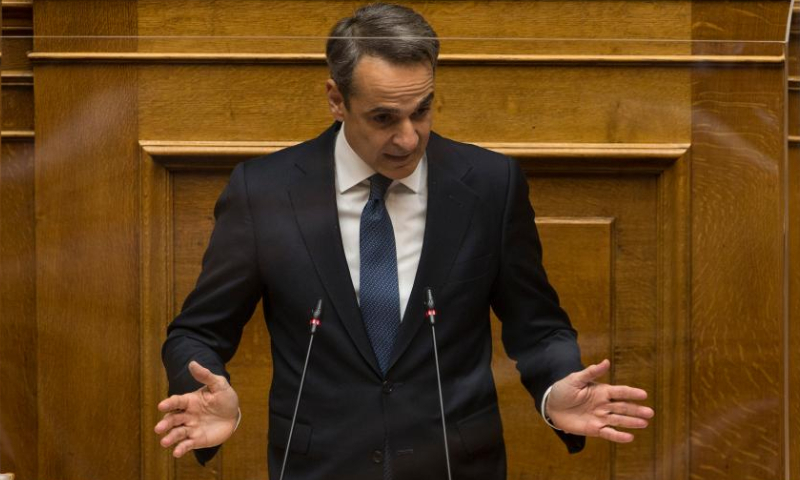 Greek Prime Minister Kyriakos Mitsotakis addresses Parliament in Athens, Greece, on Jan. 27, 2023. A motion of censure against the Greek government over allegations of extensive wiretapping was outvoted on Friday, Greek national broadcaster ERT has reported. Photo: Xinhua