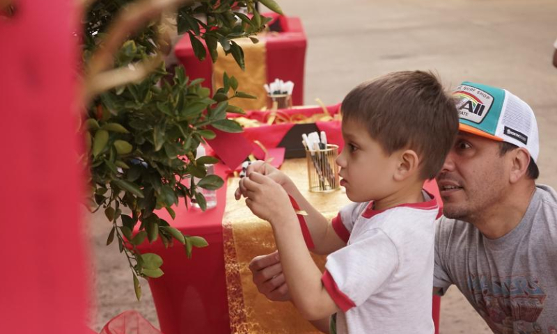 A boy attaches a note of wishes on the wish tree at San Diego Zoo, in San Diego, California, the United States, on Feb. 4, 2023. The San Diego Zoo, which has the largest number of annual visitors among U.S. zoos, kicked off a two-day special event on Saturday to celebrate the Chinese New Year. Photo: Xinhua