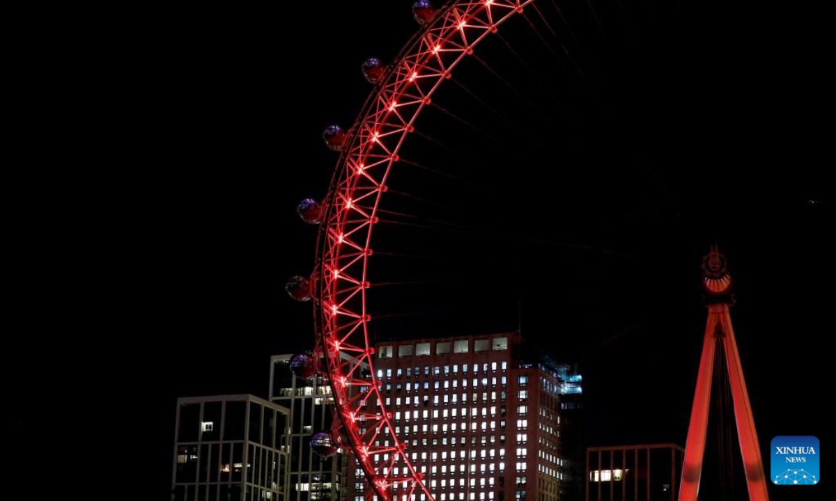 This photo taken on Jan 13, 2023 shows the London Eye illuminated in red to celebrate the upcoming Chinese New Year in London, Britain. Photo:Xinhua
