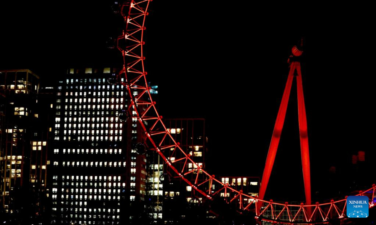 This photo taken on Jan 13, 2023 shows the London Eye illuminated in red to celebrate the upcoming Chinese New Year in London, Britain. Photo:Xinhua