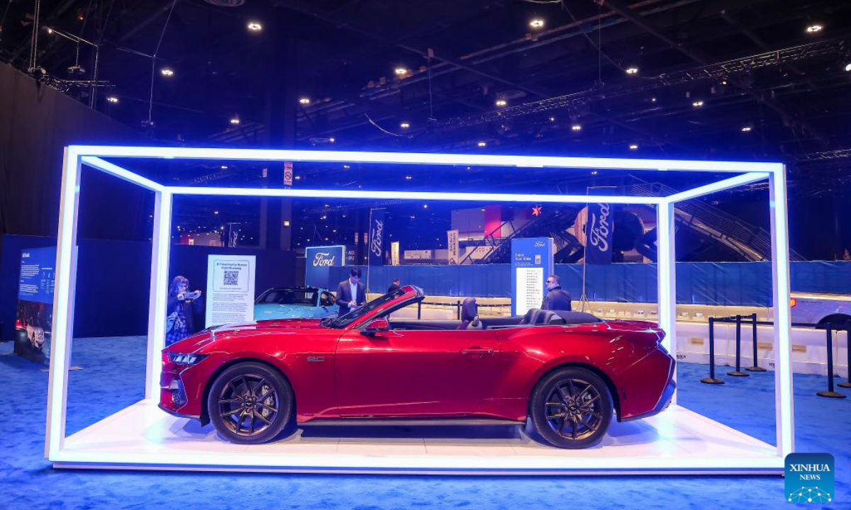 A Ford Mustang vehicle is on display during the media preview of Chicago Auto Show in Chicago, the United States, Feb 9, 2023. Photo:Xinhua