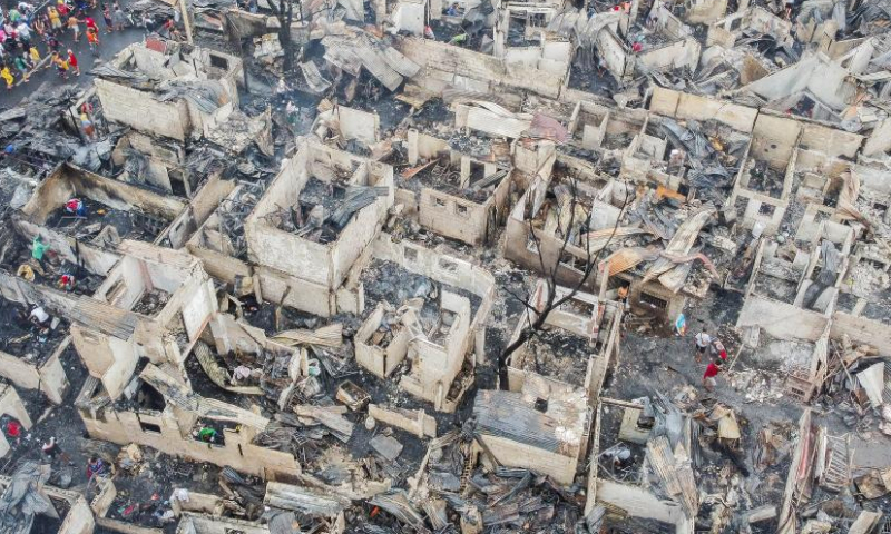 This aerial photo taken on Feb. 19, 2023 shows the charred houses after a fire at a residential area in Quezon City, the Philippines. Photo: Xinhua