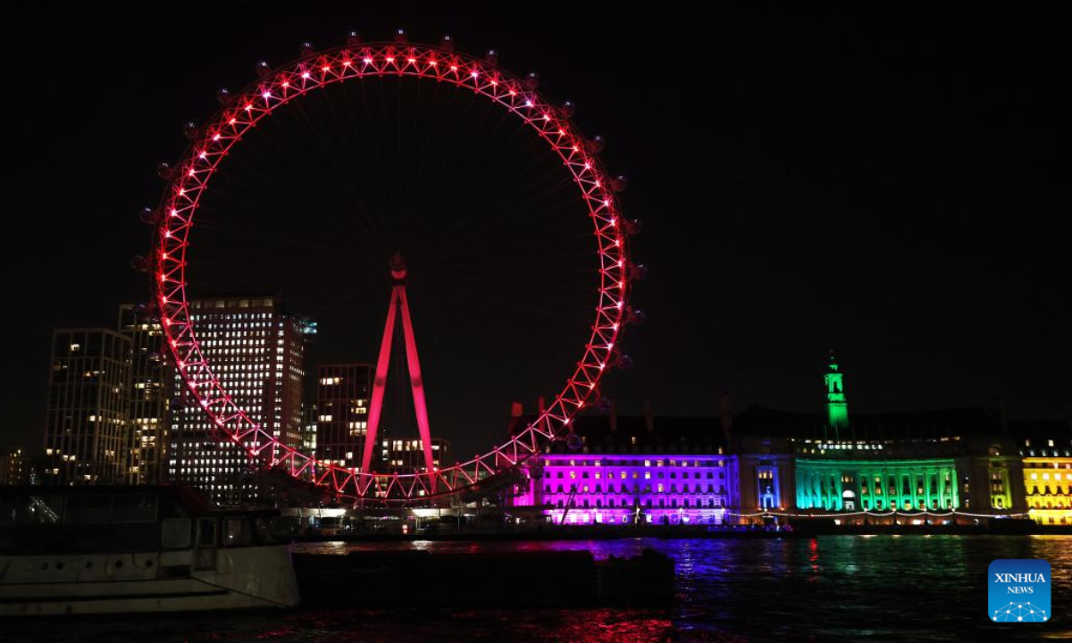 This photo taken on Jan 13, 2023 shows the London Eye illuminated in red to celebrate the upcoming Chinese New Year in London, Britain. Photo:Xinhua
