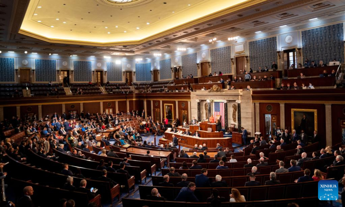 Members gather in the US House chamber as the House meets to elect a speaker in Washington, DC Jan 5, 2023. The US House of Representatives voted to adjourn until noon on Friday with no speaker elected on Thursday after 11 rounds of voting. Photo:Xinhua
