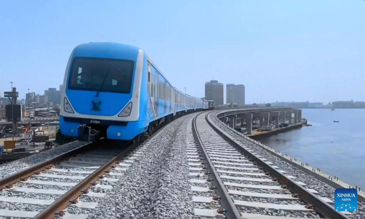 This video screenshot shows a train running during a trial operation of the first phase of a China-built electric-powered light rail project in Lagos, Nigeria, Jan 23, 2023. Photo:Xinhua