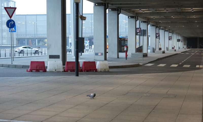 A pigeon is seen outside a terminal of Berlin Brandenburg Airport in Schoenefeld, Germany, Jan. 25, 2023. All passenger flights at Berlin Brandenburg Airport were canceled or delayed on Wednesday due to a strike by airport workers, estimated to affect about 35,000 passengers. Photo: Xinhua