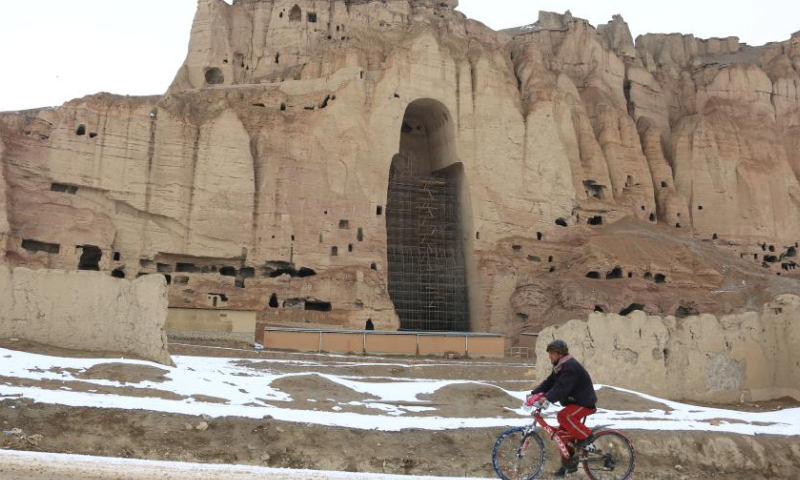 This photo taken on Feb. 9, 2023 shows the snow-covered Buddha site in Bamyan province, Afghanistan. Extreme cold weather and snowfall have swept through the central Bamyan province of Afghanistan since mid-January. Photo: Xinhua