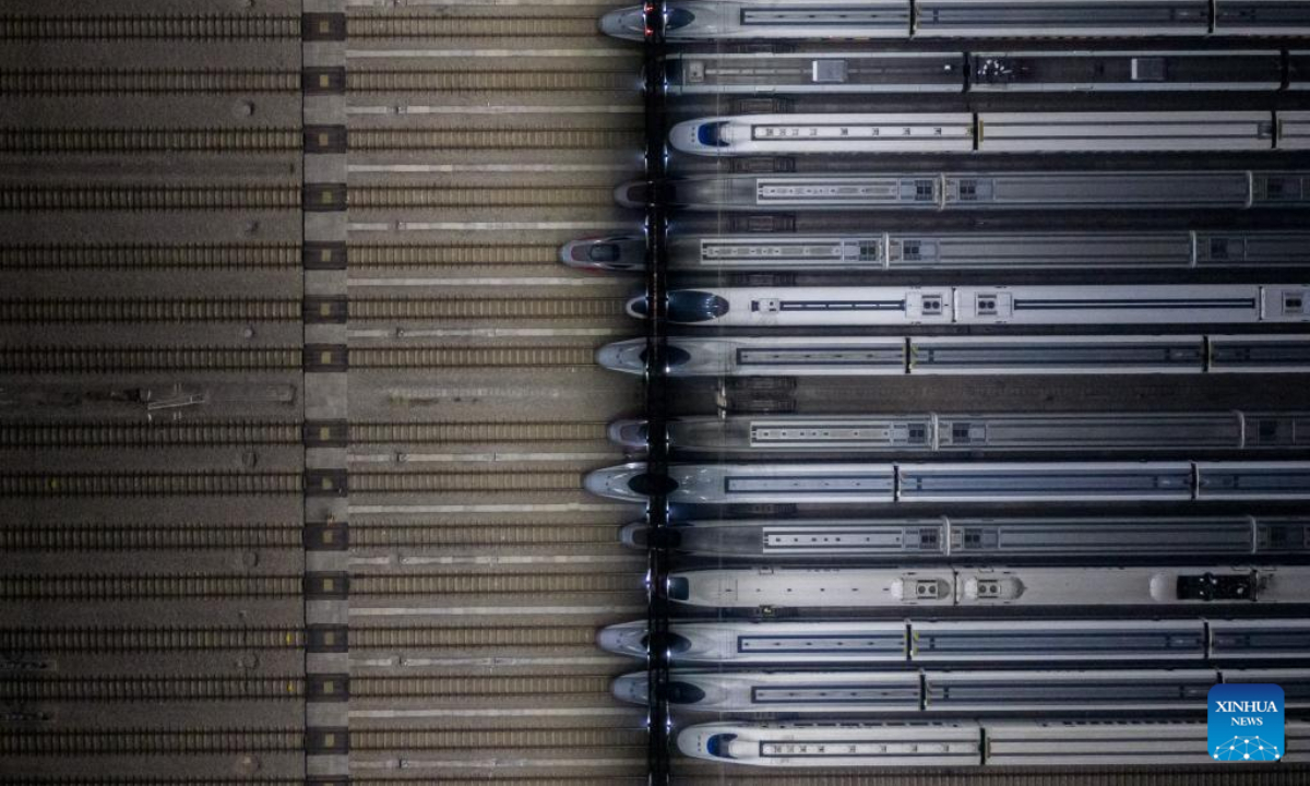 This aerial photo shows bullet trains at a maintenance base in Wuhan, central China's Hubei Province, Jan 7, 2023. Photo:Xinhua