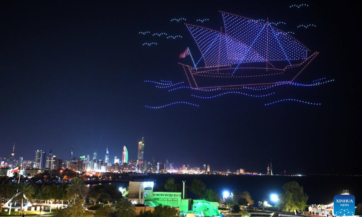 This photo taken on Feb 16, 2023 shows a drone light show as part of the celebrations of the Kuwait's National Day and Liberation Day in Kuwait City, Kuwait. Kuwait's National and Liberation Days are observed annually on Feb. 25 and 26 respectively. Photo:Xinhua