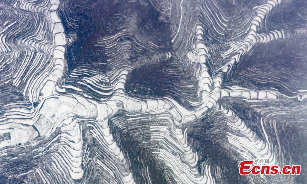 Aerial view shows snow-covered terraced fields in Wu'an city, north China's Hebei Province, Feb 9, 2023. Photo:Xinhua