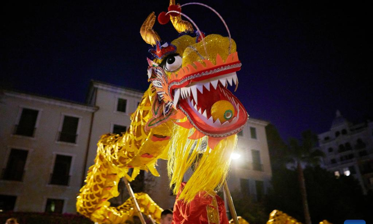Members of a dragon dance team perform during an event to celebrate the Chinese New Year in Valencia, Spain, Jan 21, 2023. A variety of activities were held in Spanish cities to celebrate the Chinese New Year. Photo:Xinhua