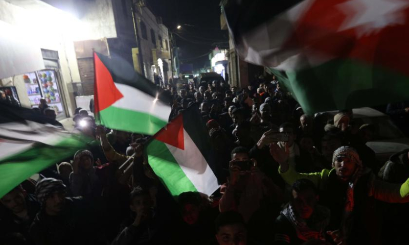 People take part in a protest against Israeli soldiers' killing of nine Palestinians in Amman, Jordan, on Jan. 26, 2023. Israeli forces killed on Thursday at least nine Palestinians, including an elderly woman, during a raid in the occupied West Bank, Palestinian sources said, amid escalating violence in the region. Photo: Xinhua