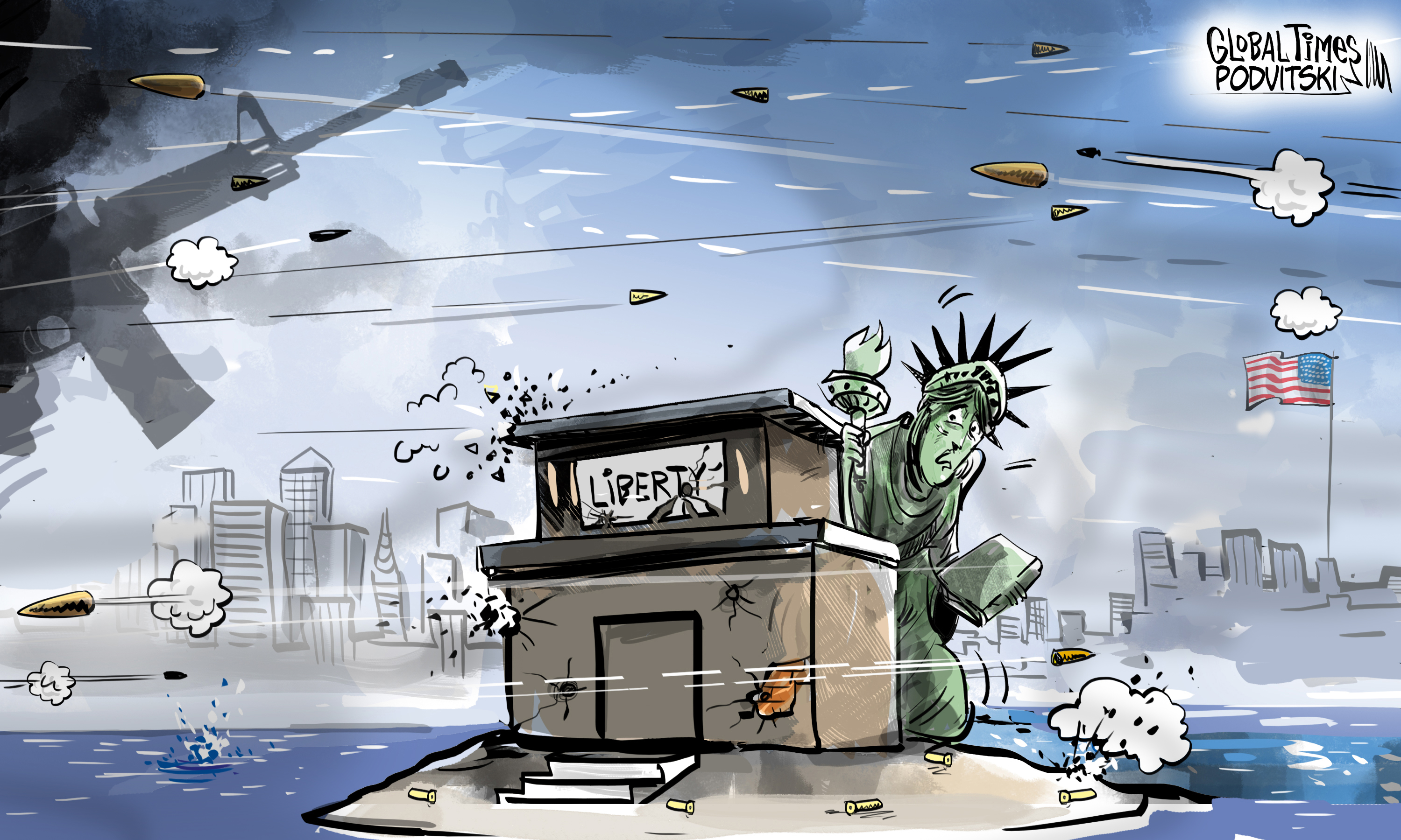 US turns into a “war zone” of gun violence. Cartoon: Vitaly Podvitski