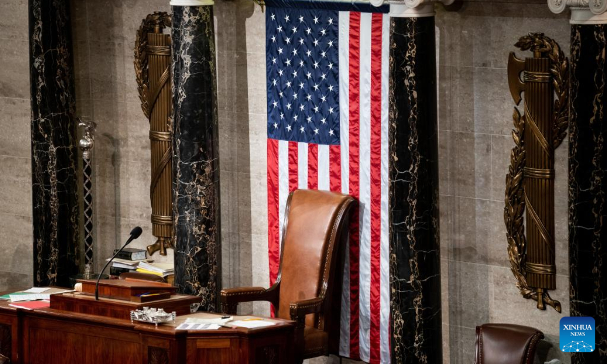 This photo taken on Jan 5, 2023 shows the empty chair of the speaker of the US House on the Capitol Hill in Washington, DC. The US House of Representatives voted to adjourn until noon on Friday with no speaker elected on Thursday after 11 rounds of voting. Photo:Xinhua
