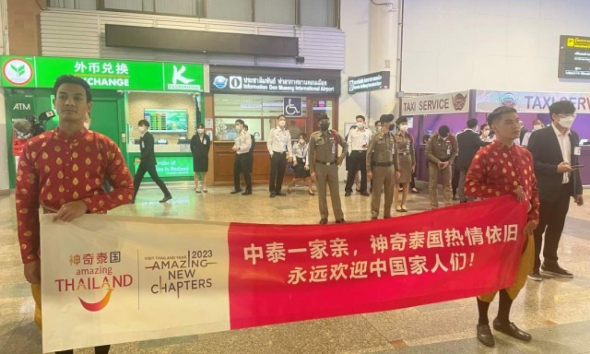 Banners are set up at Don Mueang International Airport to greet Chinese tourists.