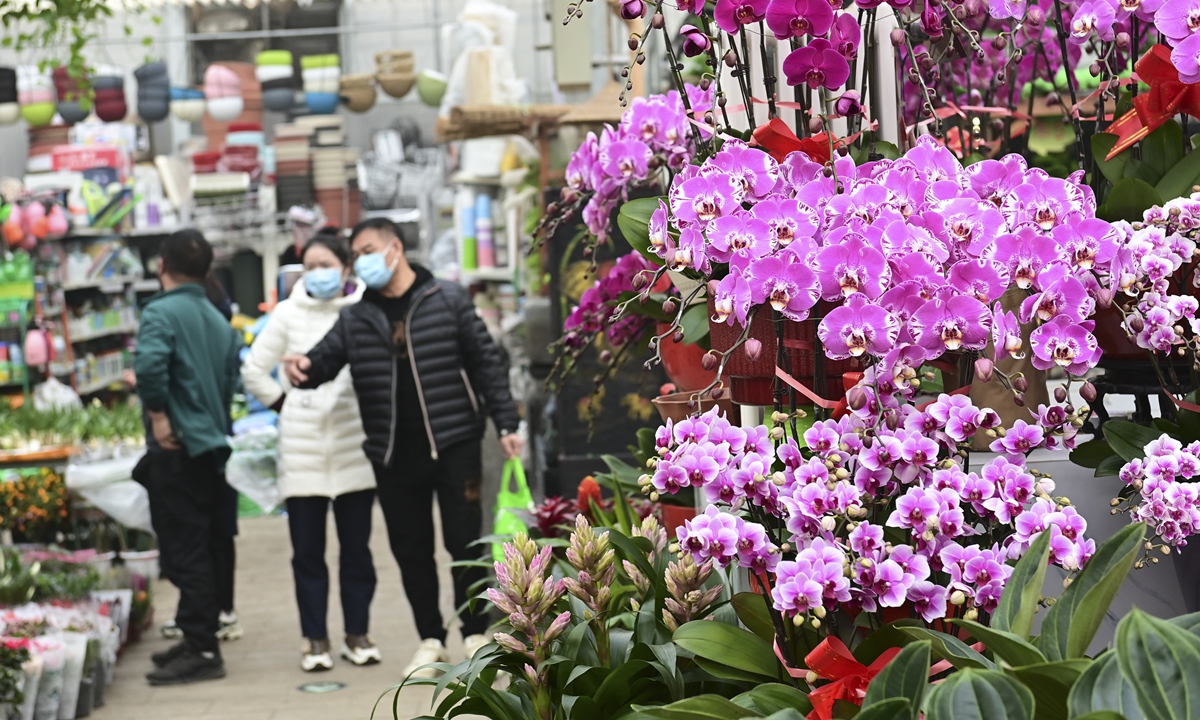 People in Beijing shop for flowers in a market on January 5, 2023. The flower market is booming as the upcoming Spring Festival holidays approach. China's consumption market is seeing a rapid recovery , and a high enthusiasm for consumption is expected. Photo: cnsphoto