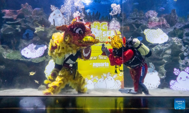 Divers dressed as a lion and a Fortune God stage an underwater performance in celebration of the Lunar New Year at Aquaria KLCC in Kuala Lumpur, Malaysia, Jan. 18, 2023. (Xinhua/Zhu Wei)