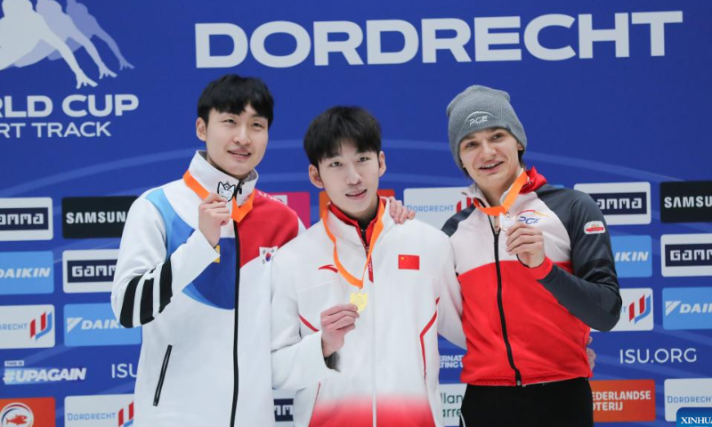 Gold medalist Lin Xiaojun (C) of China, silver medalist Lim Yong Jin (L) of South Korea and bronze medalist Lukasz Kuczynski of Poland pose during the awarding ceremony after the final A of men's 500m at the ISU World Cup Short Track Speed Skating series in Dordrecht, the Netherlands, Feb. 12, 2023. Photo: Xinhua