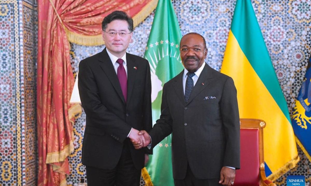 Gabonese President Ali Bongo Ondimba meets with visiting Chinese Foreign Minister Qin Gang in Libreville, Gabon, Jan 12, 2023. Photo:Xinhua