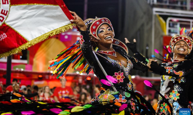 A reveler participates in the carnival parade at the Sambadrome in Rio de Janeiro, Brazil, on Feb. 17, 2023. The Brazilian city's carnival is the South American country's biggest popular festival and one of the largest carnival celebrations in the world. Photo: Xinhua
