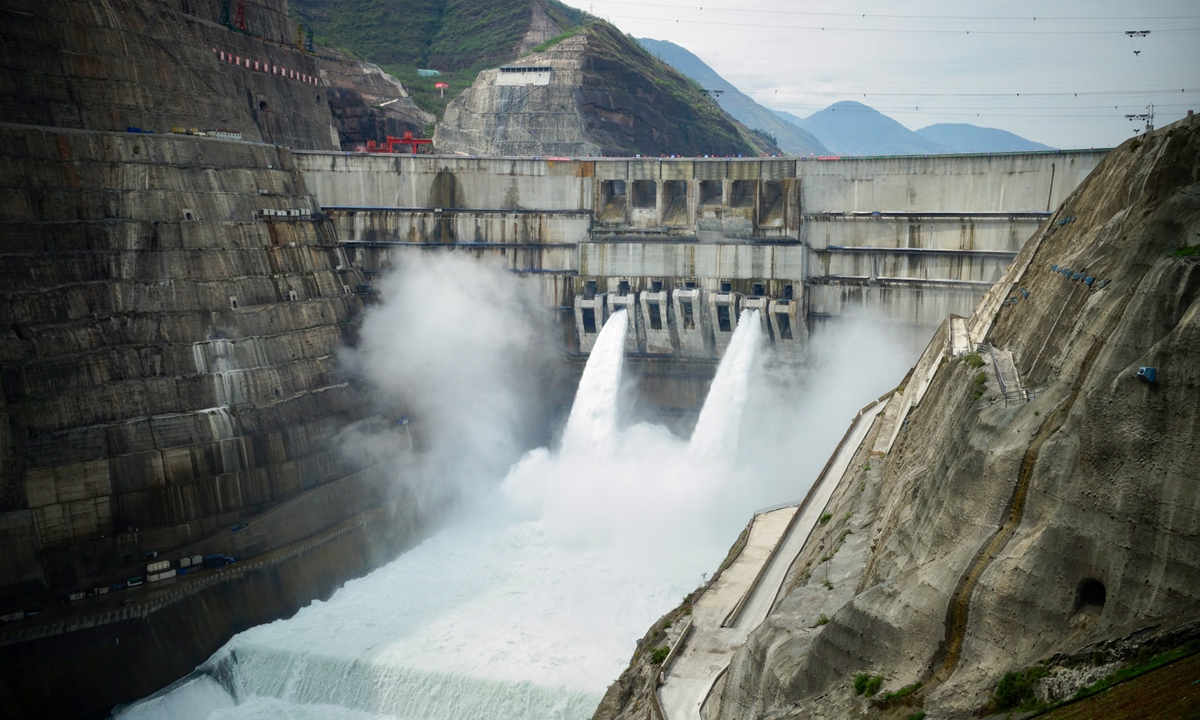 All units of the Baihetan hydropower station are operational since December 20, 2022, a major step forward for the world's second-largest in terms of total installed capacity. Photo shows the Baihetan Dam opened to release water in June 2022. Photo: Lin Xiaoyi/GT