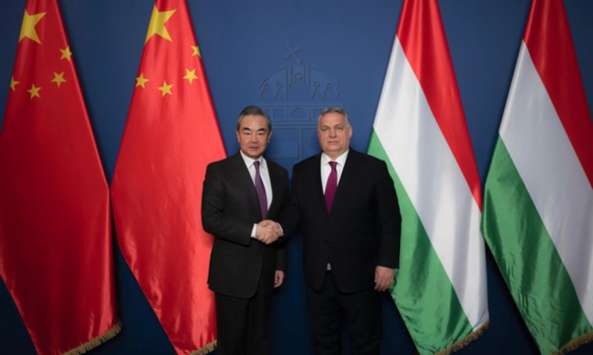 Wang Yi, director of the Office of the Foreign Affairs Commission of the Communist Party of China (CPC) Central Committee, meets with Hungarian Prime Minister Viktor Orban in Budapest on February 19, 2023.