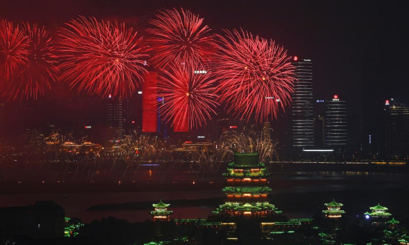 Fireworks light up the sky over the city of Nanchang, east China's Jiangxi Province, Jan. 22, 2023. Sending traditional blessings to locals, a grand fireworks show was held on Sunday here to celebrate the Spring Festival. (Xinhua/Zhou Mi)