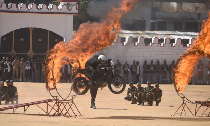 Members of a motorcycle stunt team under the Army Service Corps perform in celebration of India's Republic Day, in Bangalore, India, Jan. 26, 2023. Photo: Xinhua