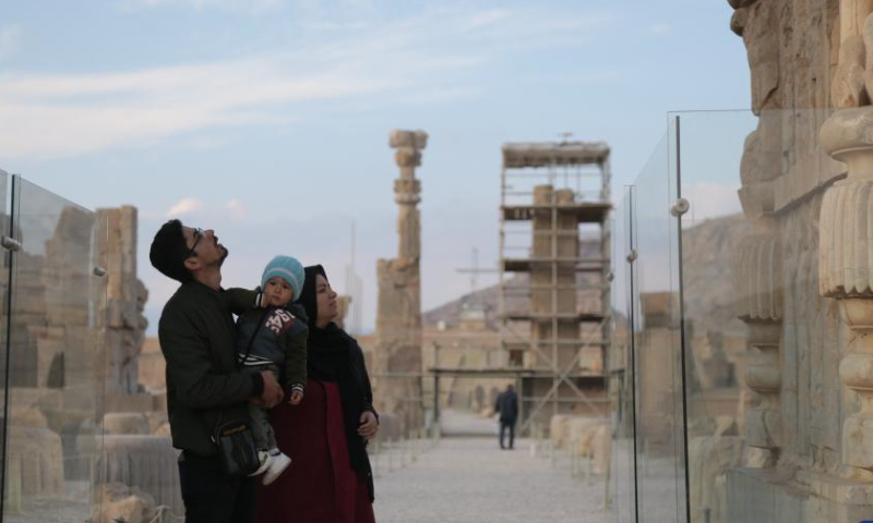 Tourists are seen at the ruins of Persepolis near the city of Shiraz in southern Iran, Jan. 25, 2023. Persepolis, a UNESCO world heritage site, was the capital of the Achaemenid Empire of Persia (550-330 BC). The importance and quality of the monumental ruins make it a unique archaeological site. Photo: Xinhua