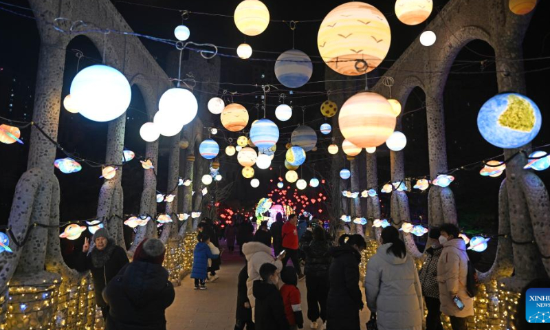 People tour a lantern show during the Spring Festival holiday in Tianjin, north China, Jan. 26, 2023. Photo: Xinhua