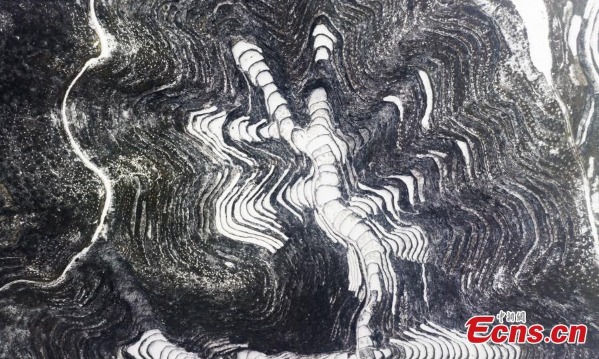 Aerial view shows snow-covered terraced fields in Wu'an city, north China's Hebei Province, Feb 9, 2023. Photo:Xinhua