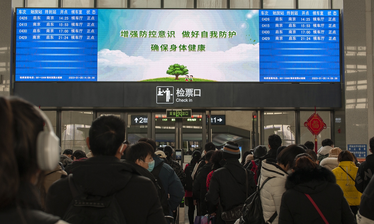 Passengers await ticket inspection before boarding trains in Nantong, East China's Jiangsu Province on January 5. Photo: VCG