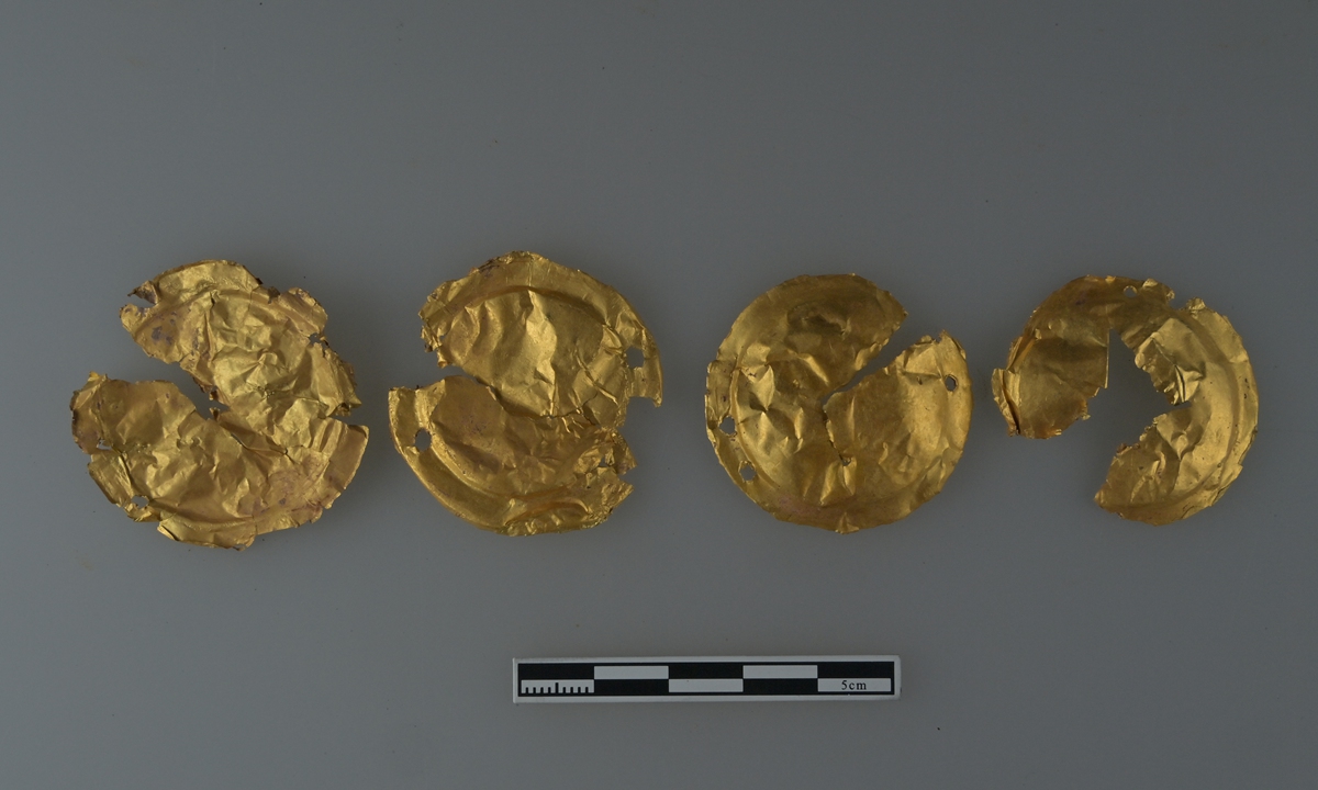 Gold wares unearthed from the M2 tomb of the Zhengzhou Shang City Ruins Photo: Courtesy of the Institute of Cultural Heritage and Archaeology in Zhengzhou