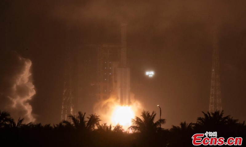 A modified version of the Long March 7 carrier rocket carrying Shijian-23, Shiyan-22A and Shiyan-22B satellites blasts off from the Wenchang Spacecraft Launch Site in south China's Hainan Province, Jan. 9, 2023. The Shijian-23 satellite is mainly used for scientific experiments and technical verification, while the Shiyan-22A and Shiyan-22B satellites serve the in-orbit verification tests of new technologies such as space environment monitoring. (Photo: China News Service/Luo Yunfei) 


