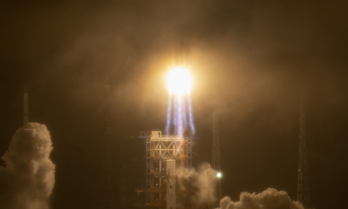 Carrying Shijian-23 scientific experiments and technical verification satellite, a Long March-7A rocket takes off from Wenchang Space Launch Site in South China's Hainan Province on January 9, 2023 around 6 am. It was China's first orbital launch in 2023, which achieved full success. 
Photo: cnsphoto