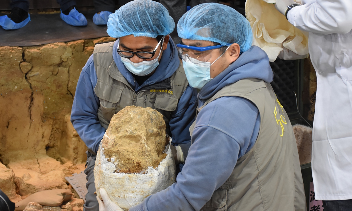 Archaeologists carry a skull unearthed from the Xuetang Liangzi Site in Shiyan, Central China's Hubei Province. Photo: VCG