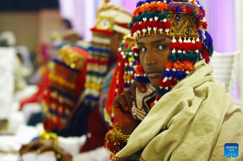 Grooms are seen during a mass wedding ceremony in southern Pakistani port city of Karachi on Jan. 8, 2023. Photo: Xinhua