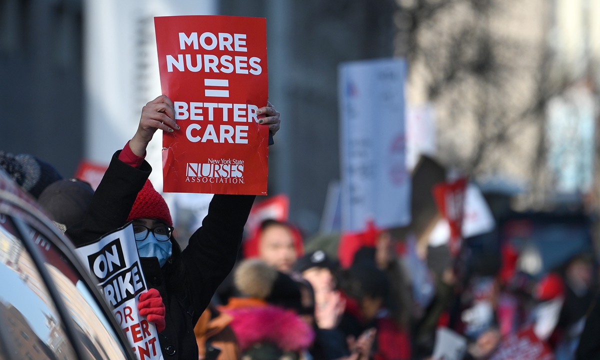 Nurses stage a strike in front of a hospital in New York on January 9, 2023, as more than 7,000 nurses walked off the job at two major city hospitals over pay and staffing levels after contract talks broke down overnight. Photo: VCG