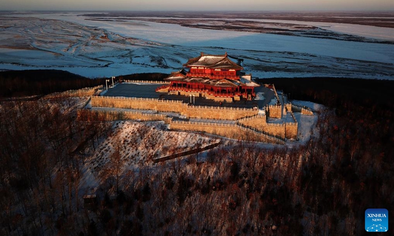 This aerial photo taken on Jan. 14, 2023 shows a view of Dongji Pavilion in Fuyuan, northeast China's Heilongjiang Province. (Xinhua/Wang Jianwei)