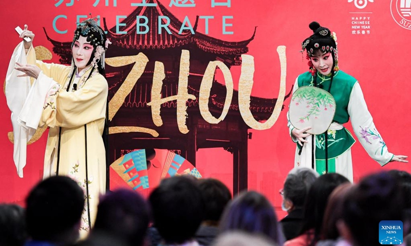 Kunqu Opera performers perform at China Institute in Manhattan, New York, the United States, Jan. 8, 2023. Multiple events were staged in New York City on the weekend featuring intangible cultural heritage from east China's Suzhou. On Saturday night, Chinese artists presented Suzhou-style embroidery, Kunqu Opera and Pingtan, which is a form of ballad singing in Suzhou dialect with Chinese instruments, at the opening ceremony of the Suzhou theme day.(Photo: Xinhua)