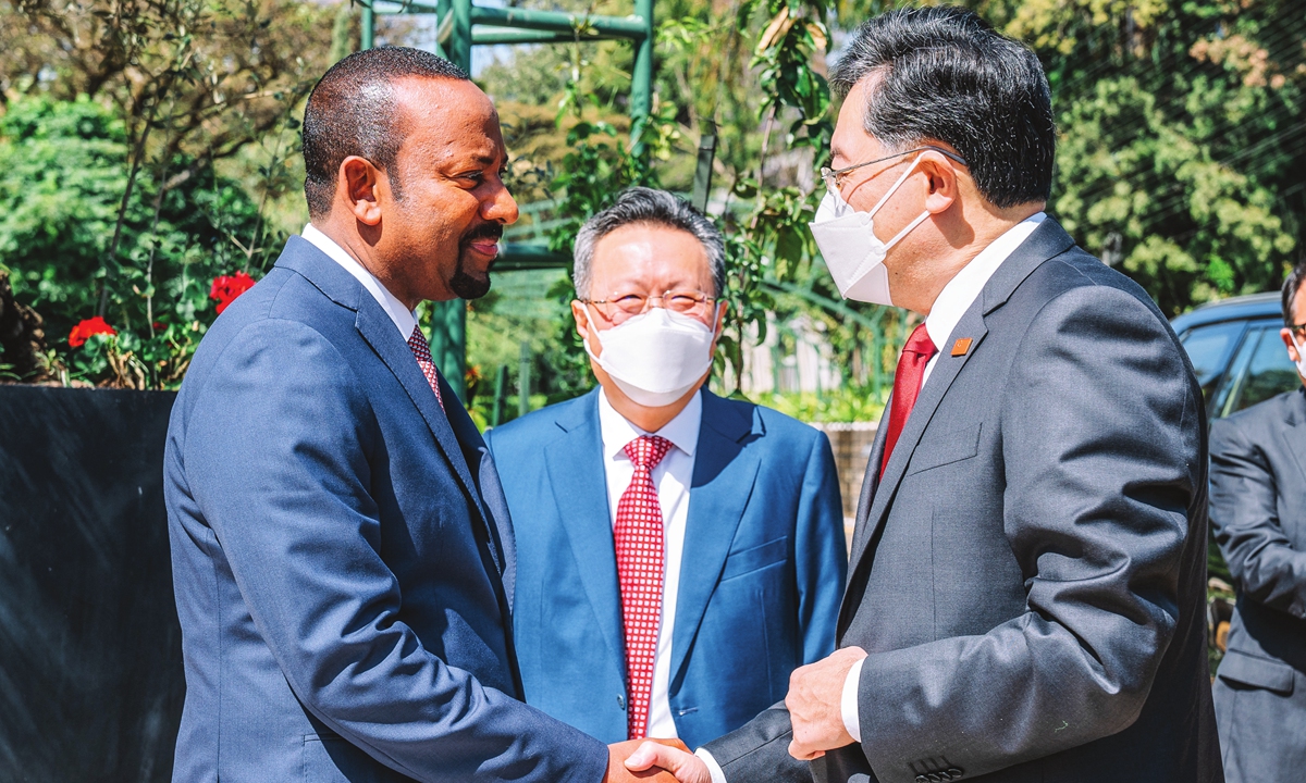 Chinese Foreign Minister Qin Gang (right) meets with Ethiopian Prime Minister Abiy Ahmed (left) during his visit to Ethiopia in Addis Ababa, Ethiopia on January 10, 2023. Qin is the newly appointed Chinese foreign minister who is paying his first foreign visit in this capacity. This also marks the 33rd consecutive year that Africa has been the destination of Chinese foreign ministers' annual first overseas trip. Photo: AFP