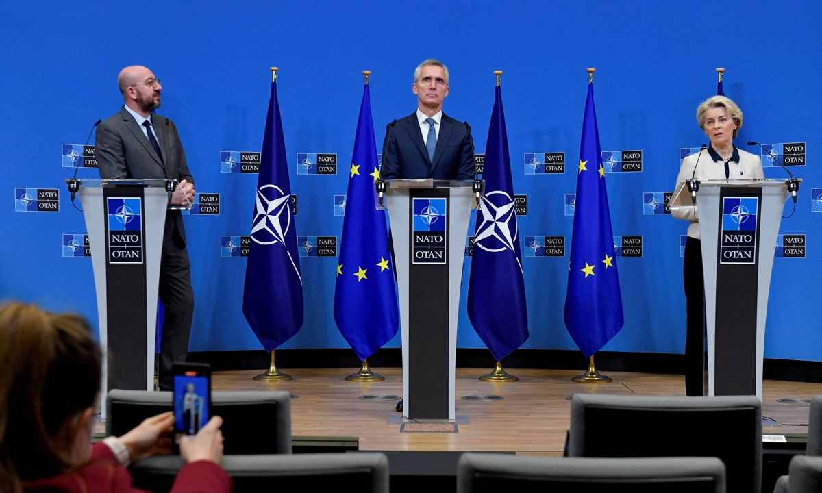 NATO's Secretary General Jens Stoltenberg (C), the president of the European Council Charles Michel (L) and the European Commission Ursula von der Leyen (R) give a press conference after signing a joint declaration of cooperation between EU and NATO in Brussels on January 10, 2023.Photo:AFP