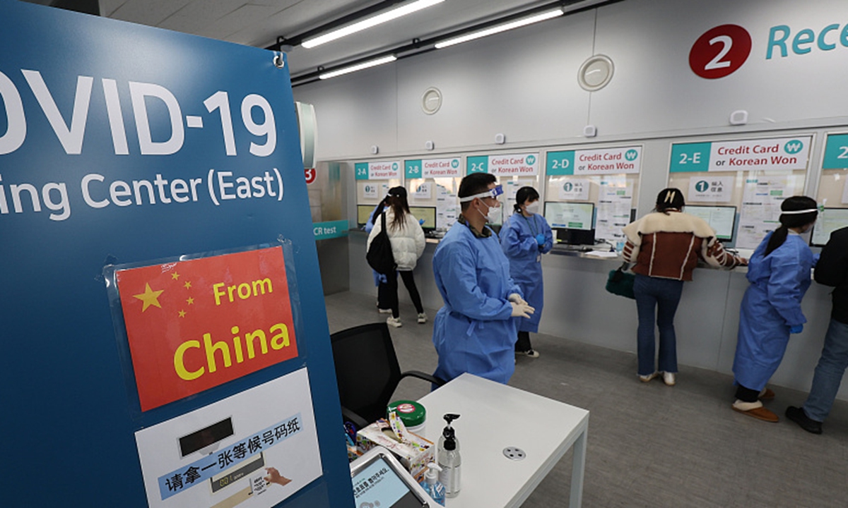 Health workers guide travelers from China at a COVID-19 testing center at Incheon International Airport in South Korea on January 3. Photo: VCG

