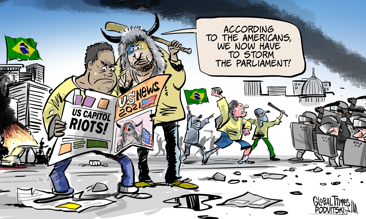 Capitol riots 2.0 in Brazil. Cartoon: Vitaly Podvitski