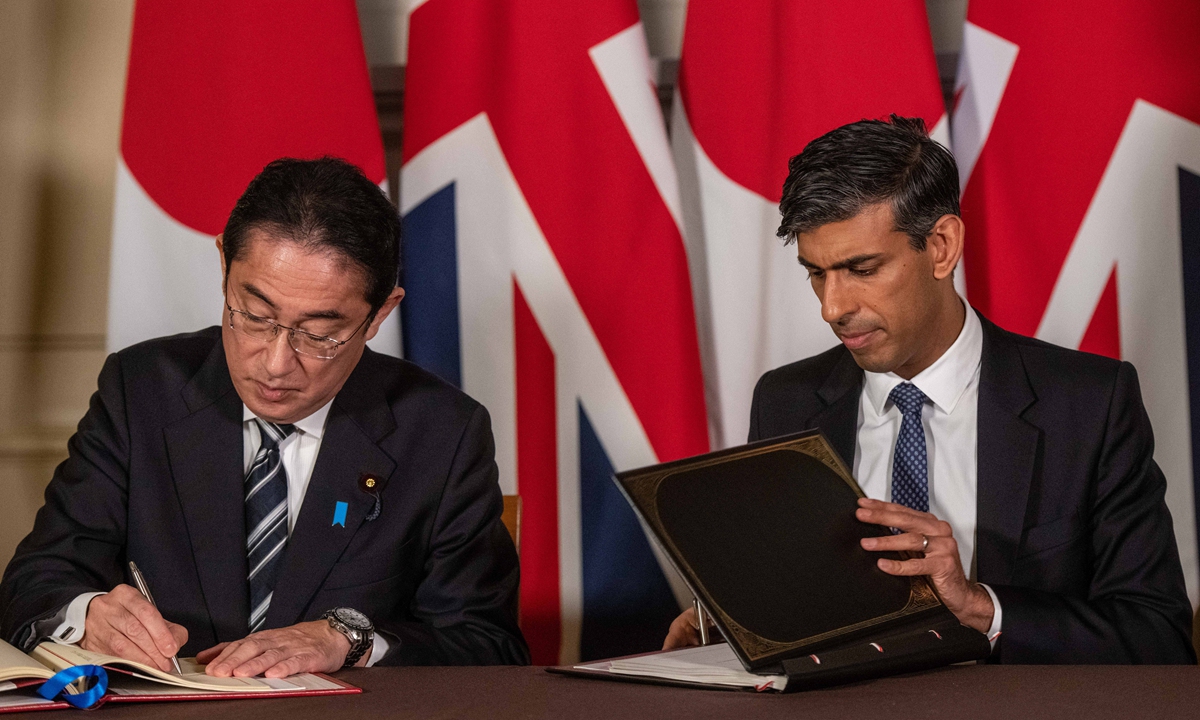 Rishi Sunak (right), British prime minister, and Fumio Kishida, Japanese prime minister, during the signing of a defence agreement at the Tower of London in London, UK, on Wednesday. Photo: VCG