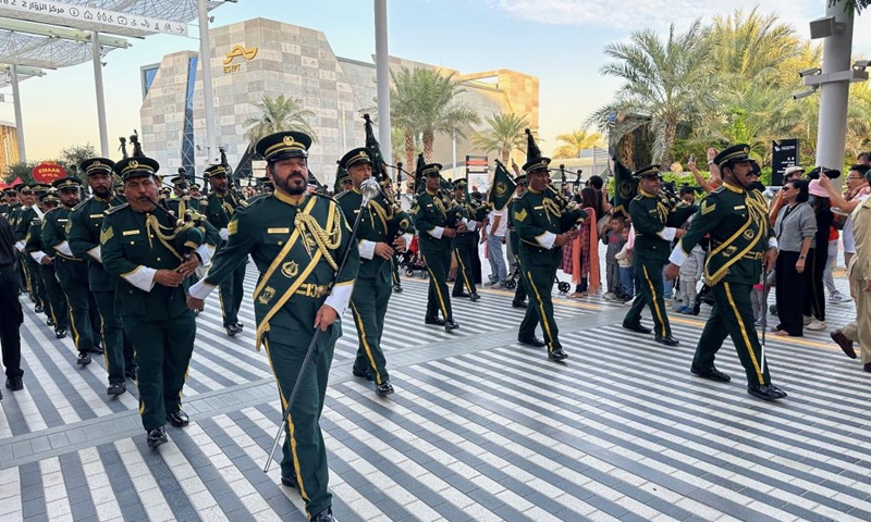 A band formation of the local police is seen during a parade celebrating the upcoming Chinese New Year at Expo City Dubai in Dubai, the United Arab Emirates (UAE), Jan. 14, 2023. Thousands of spectators witnessed a grand parade celebrating the upcoming Chinese New Year on Saturday at Expo City Dubai in the United Arab Emirates (UAE). Dubbed Happy Chinese New Year Grand Parade, the two-kilometer parade attracted thousands of spectators. Photo: Xinhua