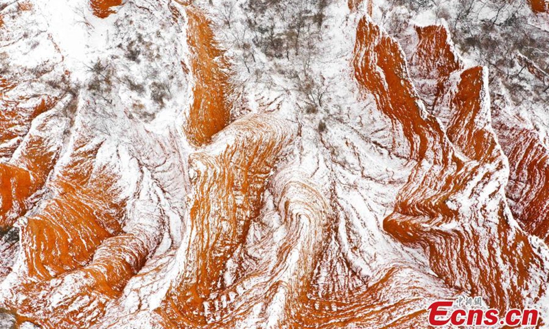 2023 年 1 月 15 日，中国中部河南省卢氏县庙沟村的红石谷风景区遭遇大雪，为其丹霞地貌增添了色彩，其特点是红色砂岩特征。  （摄影：中新社/牛金峰）