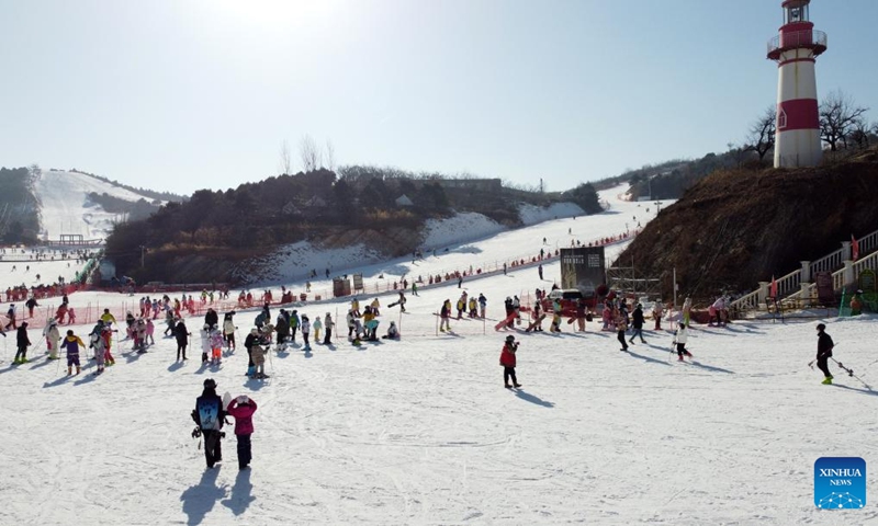 This aerial photo taken on Jan. 8, 2023 shows the Jizhou International Ski Resort in North China's Tianjin. People's social and economic activities gradually return to normal after China's optimization of its COVID-19 response measures. (Xinhua/Sun Fanyue)