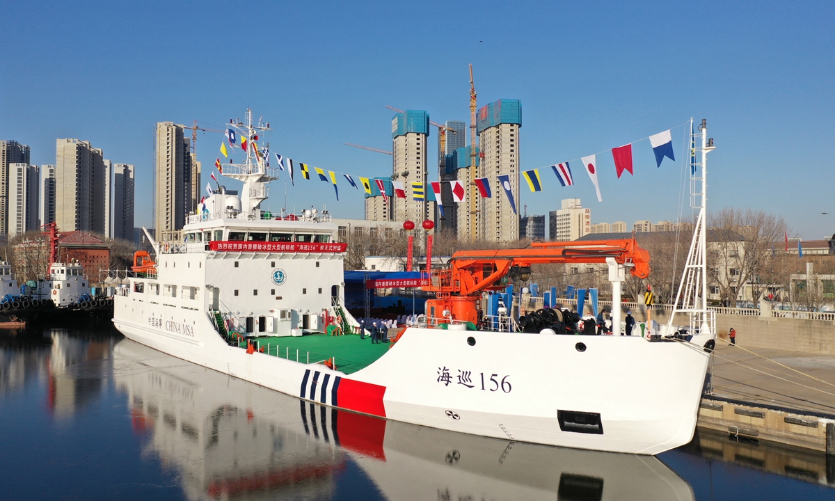 China's first buoy tender <em>Haixun</em> (Sea Patrol) 156, which can be used as an ice breaker, was put into use in Tianjin on January 16, 2023. The ship has a displacement of 2,400 tons with a length of 74.9 meters and a width of 14.3 meters. It is country's buoy tender with the largest displacement and a high overall performance. Photo: VCG