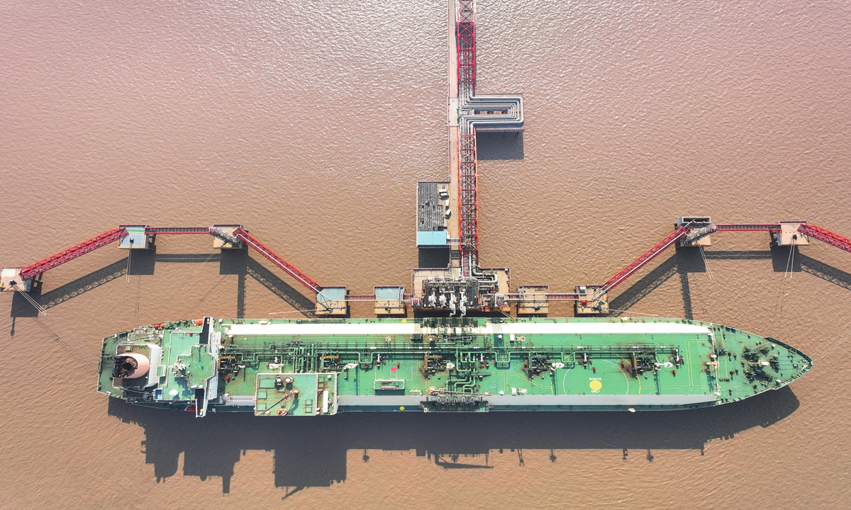 The Al Kharaitiyat, carrying 205,000 cubic meters of liquefied natural gas from Qatar, berths at a terminal in Rudong county, East China's Jiangsu Province on January 18, 2023. In 2022, the receiving station took more than 10 billion cubic meters of natural gas, securing about one-third of the natural gas supply in Jiangsu. Photo: cnsphoto